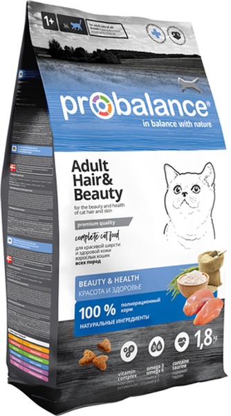 Корм сухой для взрослых кошек всех пород PROBALANCE Adult Hair&Beauty здоровье кожи и шерсти с курицей (1,8 кг)