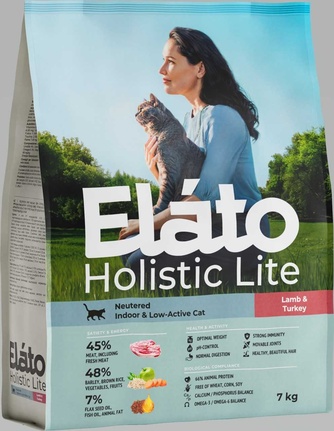 Корм сухой для кастрированных котов, стерилизованных и малоактивных кошек ELATO Holistic Lite с ягненком и индейкой (7 кг)