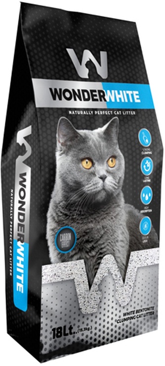 Наполнитель комкующийся бентонитовый для кошек WONDER WHITE Carbon Effect с активированным углем без ароматизатора (15,3 кг)