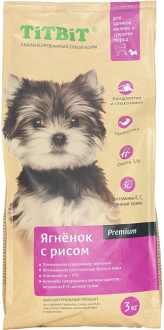 Корм сухой для щенков мелких и средних пород TiTBiT Premium ягненок рис (13 кг)