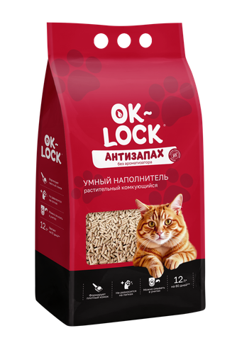 Наполнитель комкующийся для кошек OK-LOCK Антизапах без ароматизатора растительный (12 л)