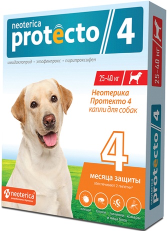 Капли для собак 25-40кг NEOTERICA Protecto на холку от блох и клещей (4 мл/2 пипетки)