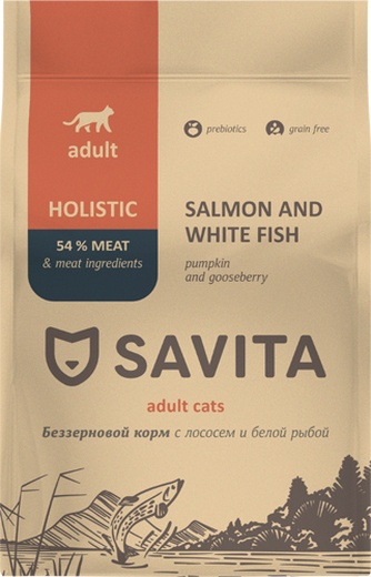 Корм сухой  для кошек SAVITA Holistic лосось, белая рыба , беззерновой (2 кг)