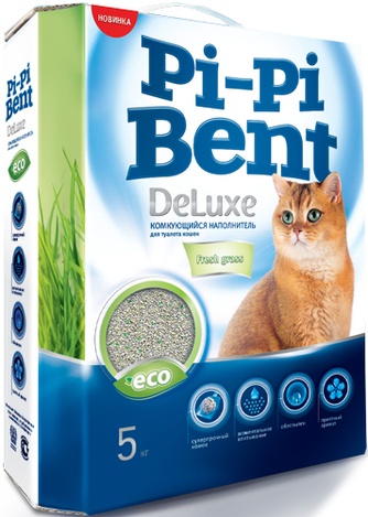 Наполнитель комкующийся бентонитовый для кошек PI-PI-BENT DeLuxe Fresh grass свежая трава (5 кг)