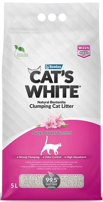 Наполнитель комкующийся бентонитовый для кошек CAT'S WHITE Baby Powder Scented с ароматом детской присыпки (5 л)