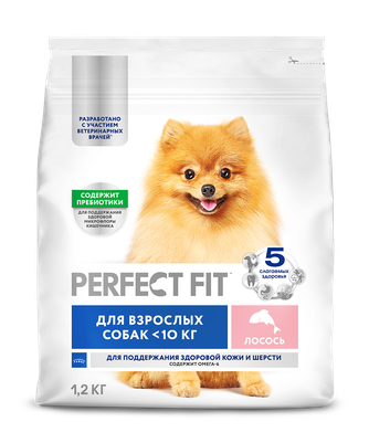 Корм сухой для собак мелких и миниатюрных пород PERFECT FIT для поддержания здоровой кожи и шерсти с лососем (1,2 кг)