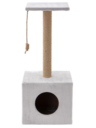 Когтеточка-столбик для кошек RICH BREED куб с площадкой, джут, светло-серый (35*35*85 см)