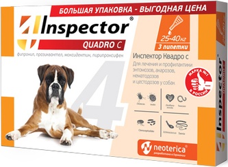Капли для собак 25-40 кг NEOTERICA Inspector Quadro для лечения и профилактики энтомозов, акарозов, нематодозов и цестодозов (4 мл/3 шт)