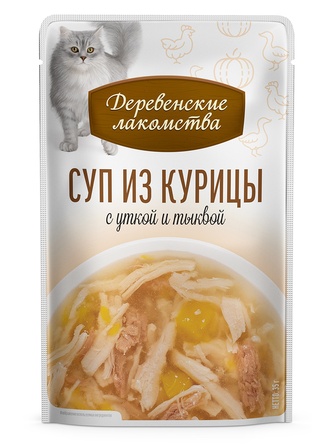 Лакомство для кошек ДЕРЕВЕНСКИЕ ЛАКОМСТВА Суп из курицы с уткой и тыквой (4 шт/35 г)