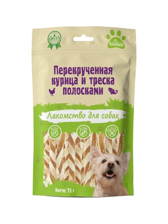 Лакомство для собак BIOHAUS Перекрученная курица и треска полосками (75 г)