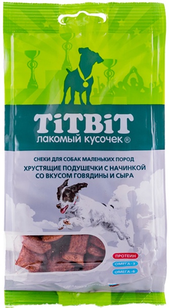 Лакомство для собак мелких пород мелких пород TITBIT Лакомый кусочек подушечки с говядиой и сыром хрустящие (95 г)