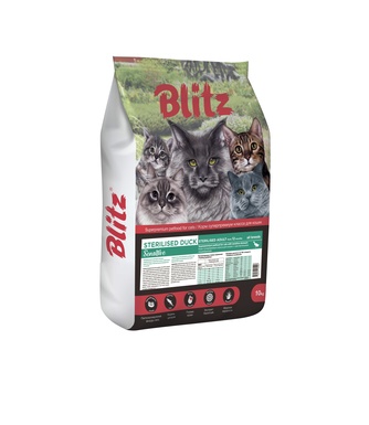 Корм сухой для взрослых кошек BLITZ Sensitive с уткой (10 кг)