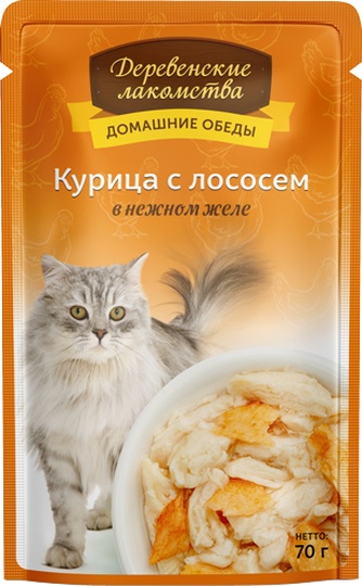 Корм влажный для кошек ДЕРЕВЕНСКИЕ ЛАКОМСТВА Курица с лососем в нежном желе (70 г)