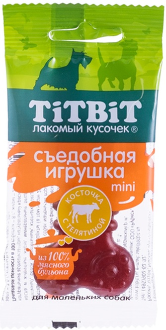 Лакомство для собак мелких пород TITBIT Лакомый кусочек Съедобная игрушка mini Косточка с телятиной (20 г)