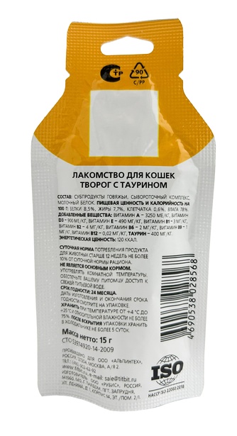 Лакомство для кошек TITBIT Творог с таурином (15 г)