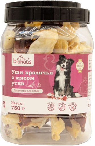 Лакомство для собак BIOHAUS уши кроличьи с мясом утки (750 г)