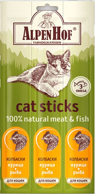 Лакомство для кошек ALPENHOF Cat Sticks колбаски курица, рыба (3 шт)