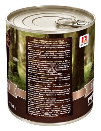 Корм влажный для собак ЗООГУРМАН BREEDER'S WAY говядина с сердцем (750 г)