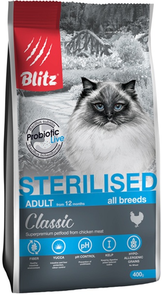 Корм сухой для стерилизованных кошек BLITZ Classic Sterilised с курицей (0,4 кг)