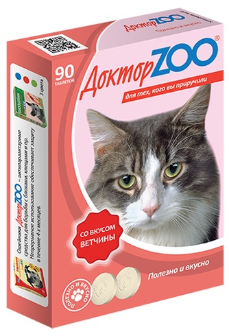 Кормовая добавка для кошек ДОКТОР ZOO Таблетки ветчина (90 таб)