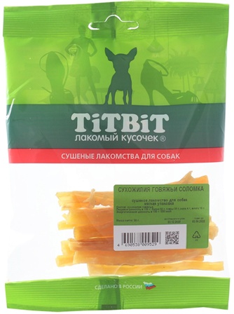 Лакомство для собак мелких пород TITBIT Лакомый кусочек Сухожилия говяжьи соломка (50 г)