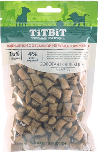 Лакомство для собак мелких пород TITBIT Лакомый кусочек Золотая коллекция Подушечки с обсыпкой из говяжьего рубца (80 г)