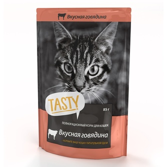 Корм влажный для кошек TASTY с говядиной в желе (85 г)