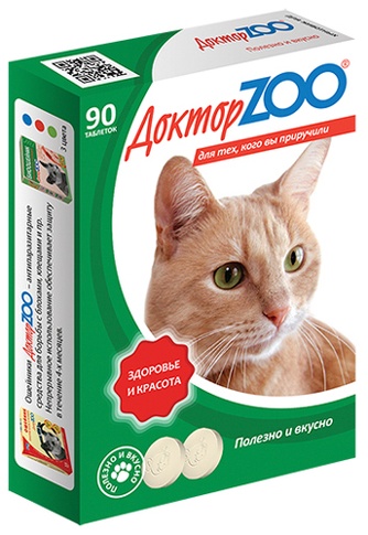 Кормовая добавка для кошек ДОКТОР ZOO Здоровье и красота Таурин/L-карнитин (90 таб)