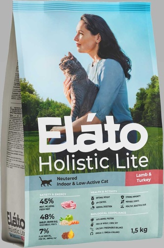 Корм сухой для кастрированных котов, стерилизованных и малоактивных кошек ELATO Holistic Lite с ягненком и индейкой (1,5 кг)