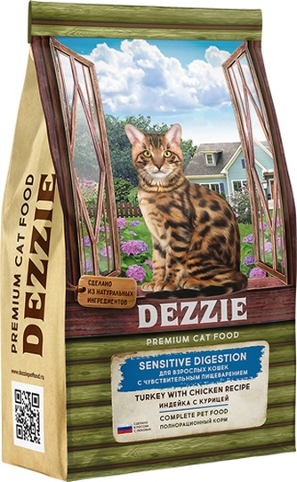 Корм сухой для взрослых кошек DEZZIE Sensitive Digestion с чувствительным пищеварением, гранулы, индейка, курица (10 кг)