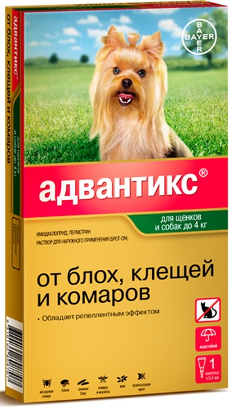 Капли для собак до 4кг BAYER Адвантикс от блох, клещей и комаров (0,4 мл/1 пипетка)