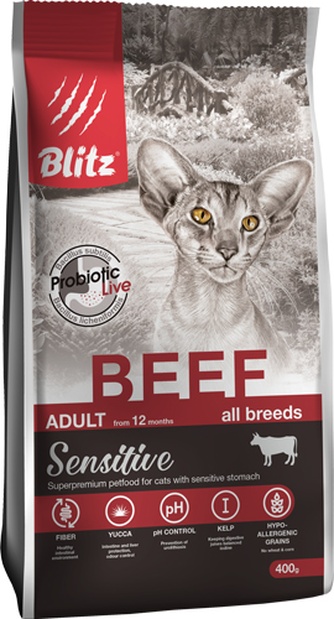 Сухой корм для взрослых кошек BLITZ Sensitive с Говядиной (400 г)
