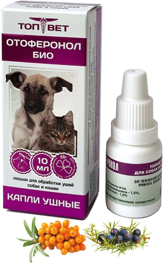 Капли для кошек и собак ТОП-ВЕТ Отоферонол Bio для гигиенической обработки ушей (10 мл)