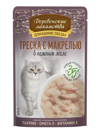 Корм влажный для кошек ДЕРЕВЕНСКИЕ ЛАКОМСТВА Треска с макрелью в нежном желе (70 г)