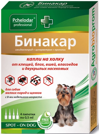 Капли для собак мелких пород старше 8 недель PCHELODAR Бинакар от клещей, блох, вшей, власоедов и двукрылых насекомых на холку (0,5 мл/4 пипетки)