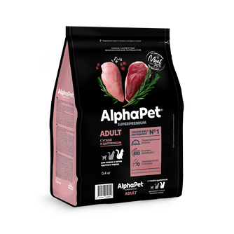Корм сухой для взрослых кошек и котов ALPHAPET Superpremium с уткой и цыпленком (0,4 кг)