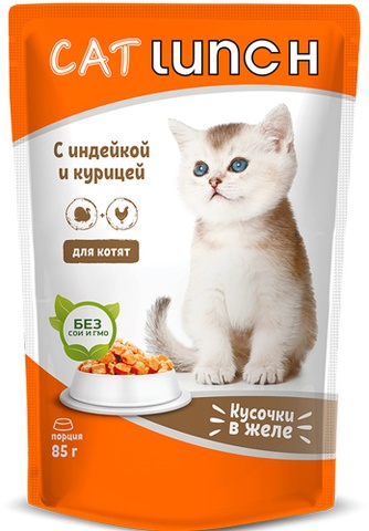 Корм влажный для котят КЭТ ЛАНЧ  желе, Индейка и курица (85 г)