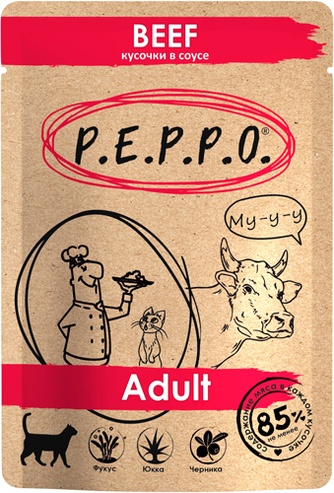 Корм влажный для кошек PEPPO Adult Beef Кусочки с говядиной в соусе (85 г)