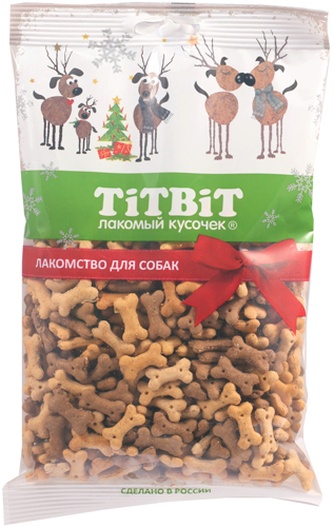 Лакомство для собак мелких пород TITBIT Лакомый кусочек Новогодняя коллекция Бисквиты мясные косточки мини (120 г)