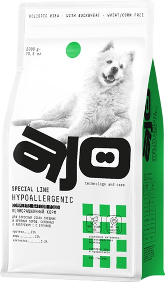 Корм сухой для взрослых собак средних и крупных пород AJO Hypoallergenic склонных к аллергии, с гречкой (2 кг)