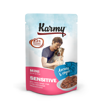 Корм влажный для собак мелких пород старше 1 года KARMY Sensitive с чувствительным пищеварением, Лосось, в соусе (80 гр)