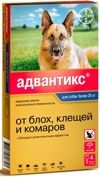 Капли для собак 25-40кг BAYER Адвантикс от блох, клещей и комаров (4 мл/4 пипетки)