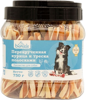 Лакомство для собак BIOHAUS перекрученная курица и треска полосками (750 г)