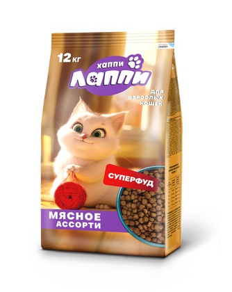 Корм сухой для взрослых кошек ХАППИ ЛАППИ мясное ассорти (12 кг)