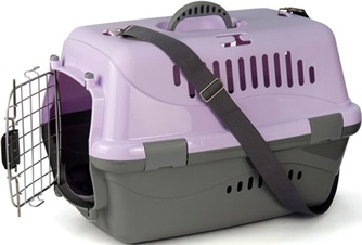 Переноска для животных ZOOEXPRESS Турне Авиа с металлической дверцей, (коврик + ремень), фиолетовая (54,5*36*34 см)