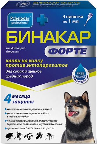 Капли для собак и щенков средних пород PCHELODAR Бинакар Форте против эктопаразитов (1 мл/4 пипетки)