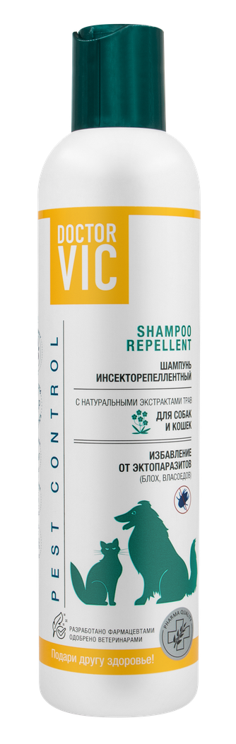 Шампунь для собак и кошек DOCTOR VIC инсекторепеллентный с натуральными экстрактами трав (250 мл)