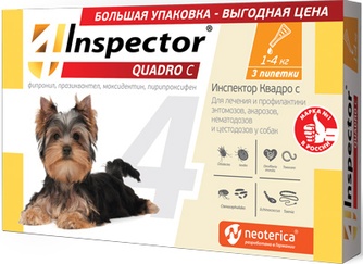 Капли для собак 1-4 кг NEOTERICA Inspector Quadro для лечения и профилактики энтомозов, акарозов, нематодозов и цестодозов (0,4 мл/3 шт)