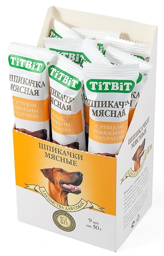 Лакомство для собак мелких пород TITBIT Лакомый кусочек Biff Шпикачки мясные с рубцом говяжьим и курагой (50 г)