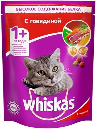 Корм сухой для взрослых кошек WHISKAS подушечки/паштет говядина (0,8 кг)